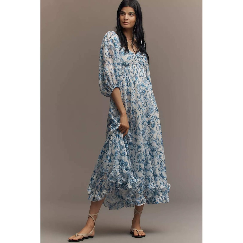 Hutch Twist-Front Smocked Midi Dress Blue White Floral Toile Puff Sleeve SP